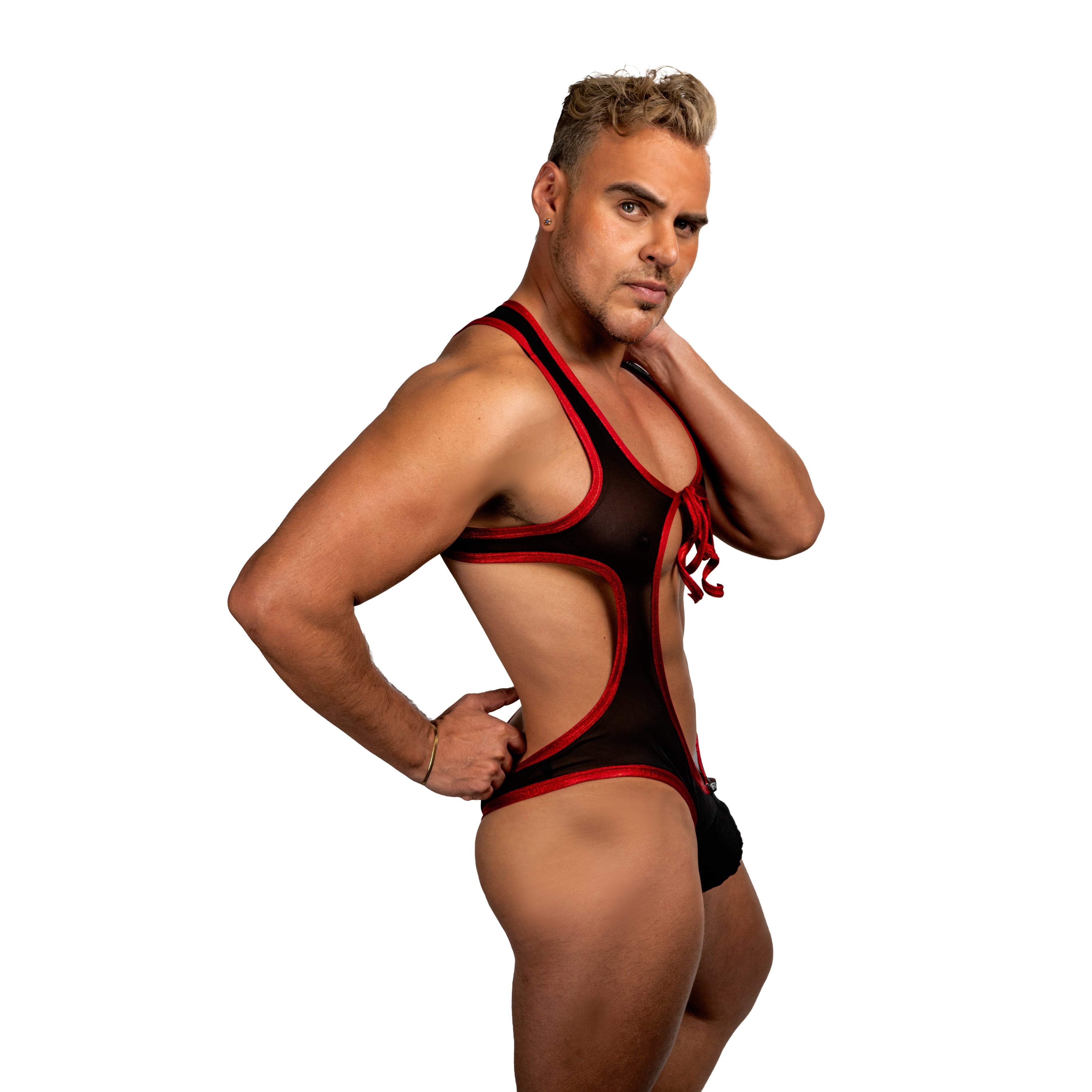 THE LUXURY - BODYSUIT BODICE THONG BULGE RED HOLOGRAM & BLACK MESH