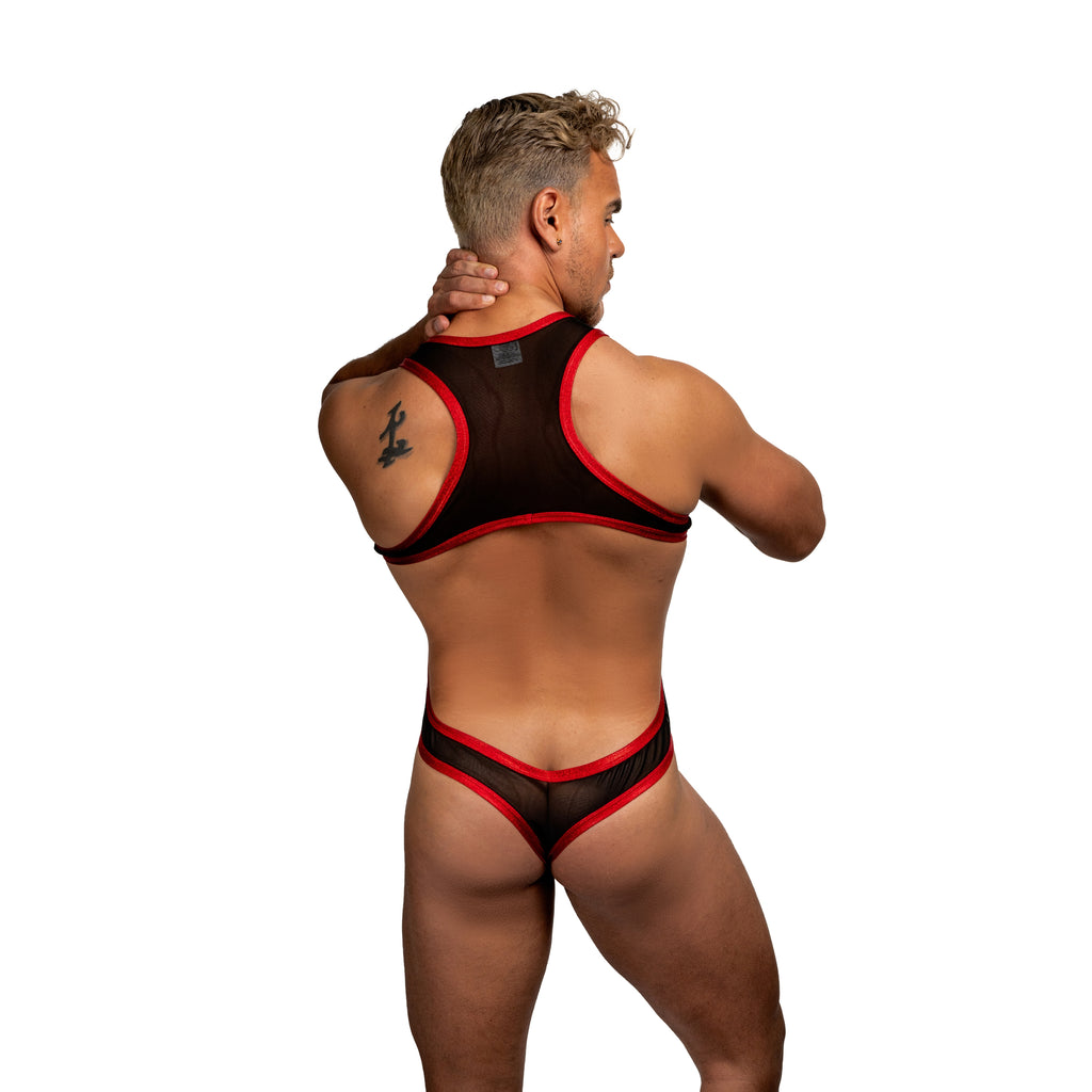 THE LUXURY - BODYSUIT BODICE THONG BULGE RED HOLOGRAM & BLACK MESH