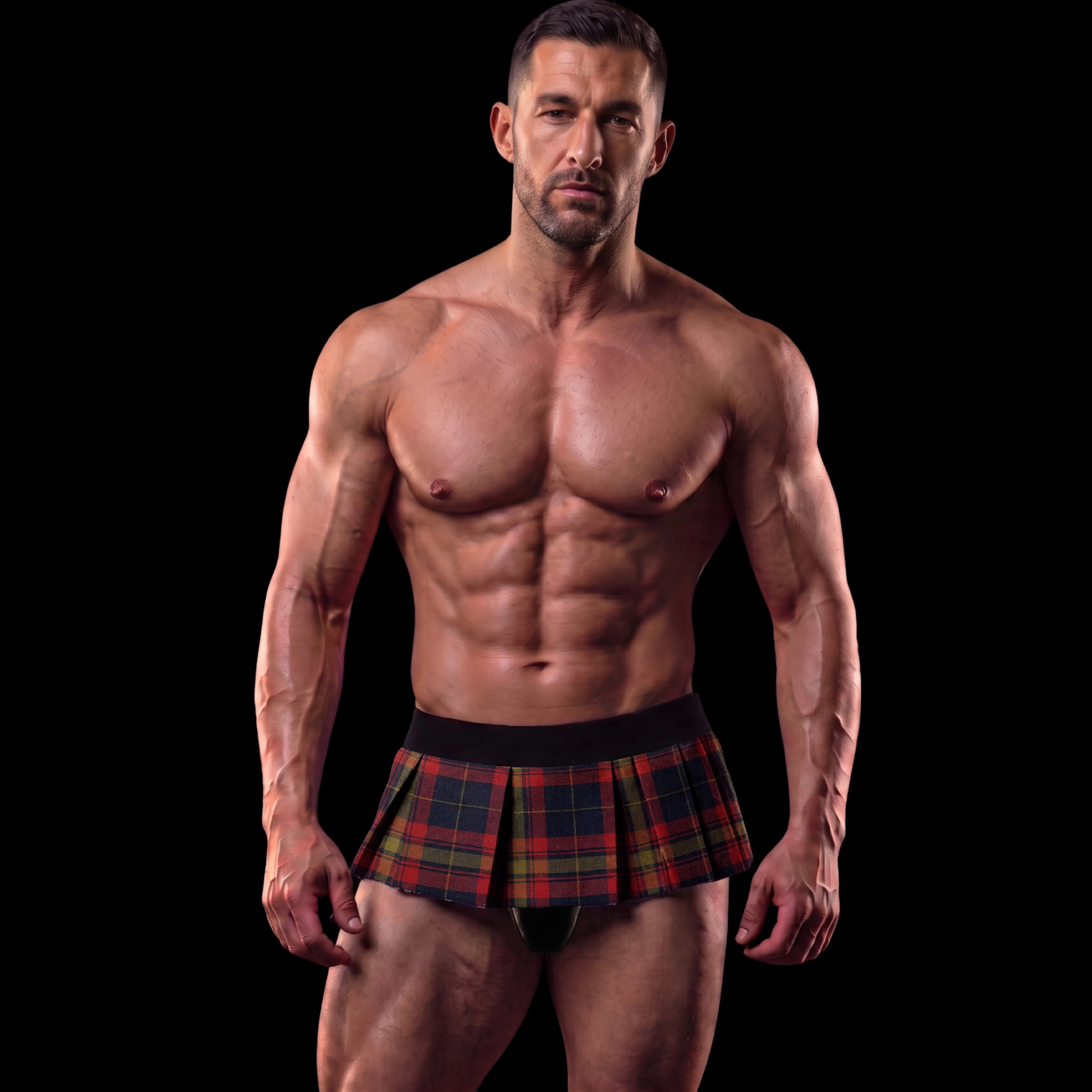 TEMPTING - SCOTTISH THONG PLAID SKIRT MEN - TARTAN RED/BLUE