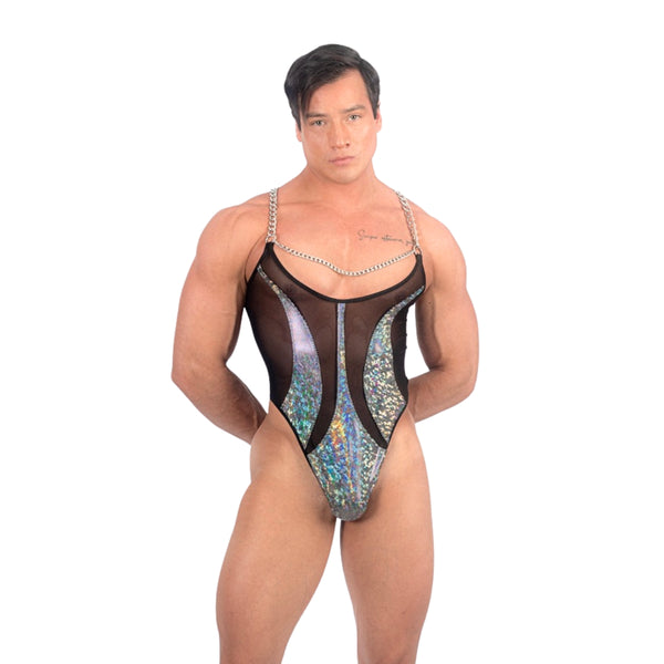 THE LUXURY - BODYSUIT THONG GOLD GLITTER HOLOGRAM & BLACK MESH - METAL CHAIN