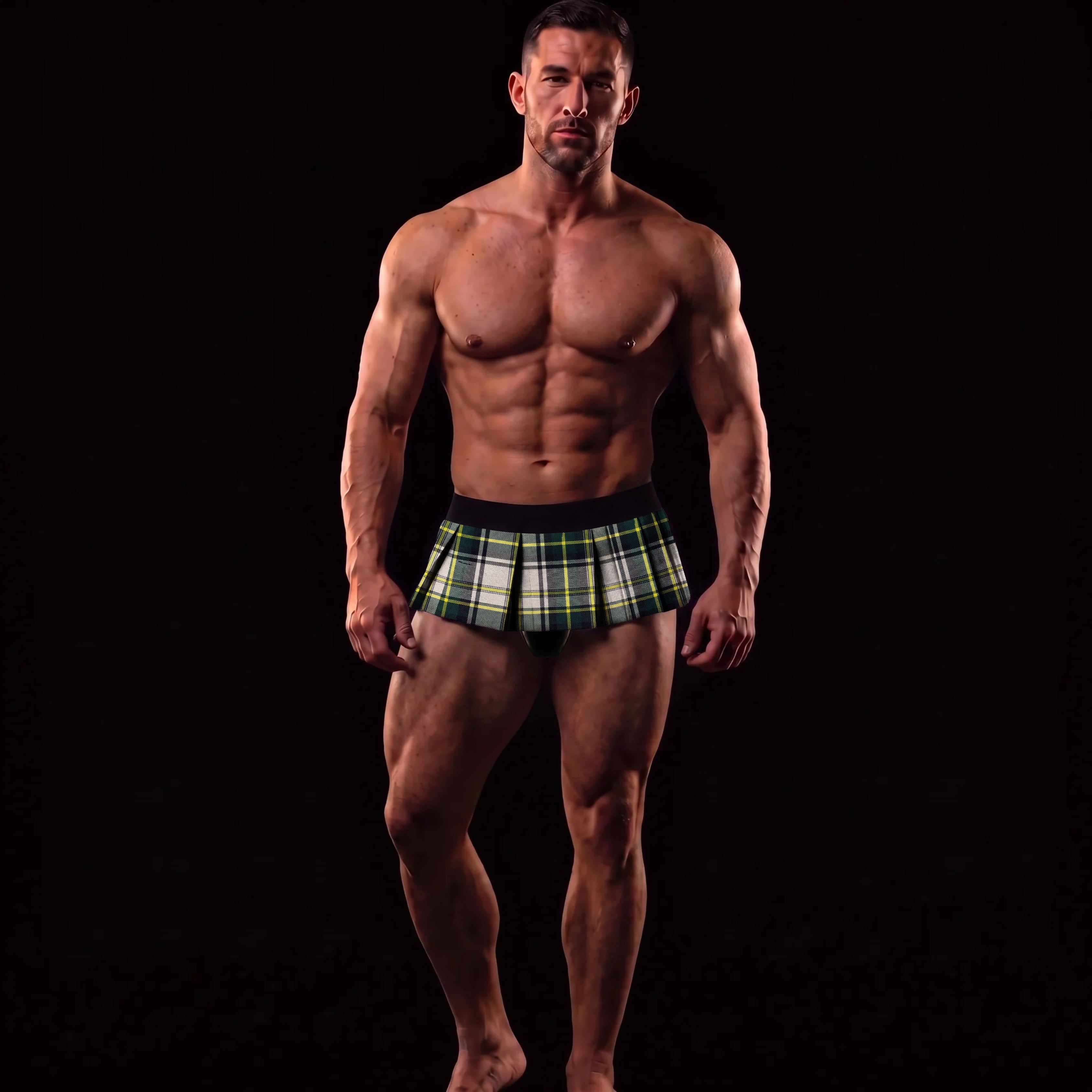 TEMPTING - SCOTTISH JOCKSTRAP PLAID SKIRT MEN - TARTAN GREEN/YELLOW