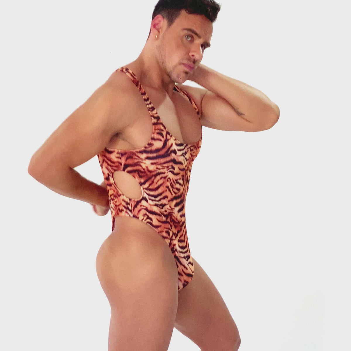 SAVAGE - BODYSUIT BODICE JOCK BULGE ANIMAL PRINT - TIGER